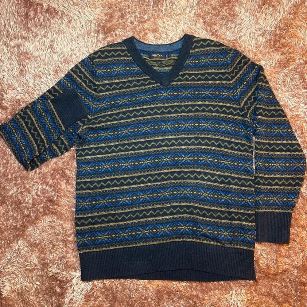 Nautica Vintage Geometric Knit Sweater Blue Green Black